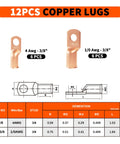 12 copper lugs for Heavy Duty Battery Cable Crimp Tool Kit Go To Eight To One Aught AWG Cables, shown with dimensions.