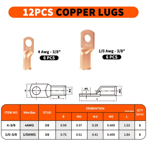 12 copper lugs for Heavy Duty Battery Cable Crimp Tool Kit Go To Eight To One Aught AWG Cables, shown with dimensions.