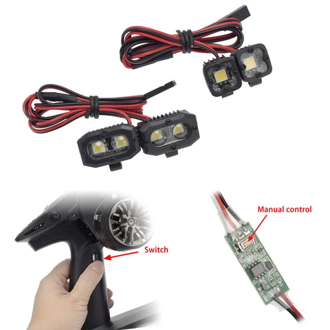 Ultra Bright White LED RC Car Lights For 1 To 10 Scale Crawlers, angle adjustable mounts, remote control and wiring visible