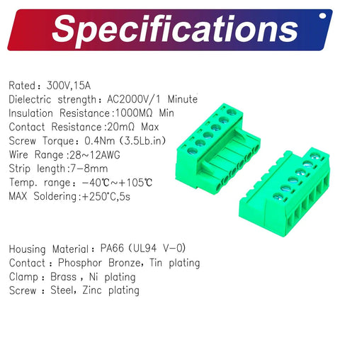 Specifications for Two Sets 5.08mm Phoenix Screw Terminal Connector Set For PCB No Soldering Required Green PCB Board
