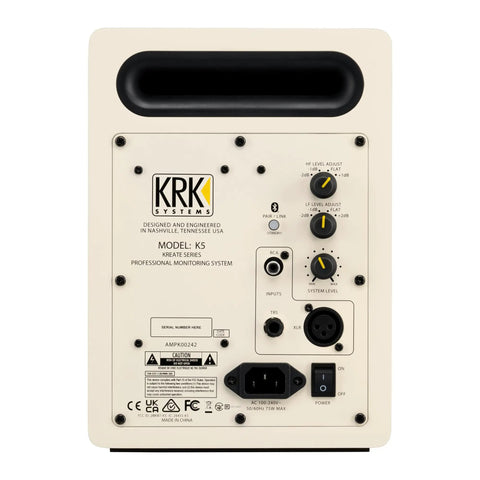 Back panel of Kreate 5 Latte Studio Monitor with multi input connectivity and adjustable high and low frequency levels