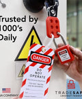 Heavy Duty Lockout Tagout Tags With Nylon Zip Ties Osha Compliant Danger Do Not Operate Signs for Industrial Workplace Safety, showing tag and lockout padlock.