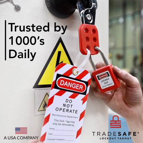 Heavy Duty Lockout Tagout Tags With Nylon Zip Ties Osha Compliant Danger Do Not Operate Signs for Industrial Workplace Safety, showing tag and lockout padlock.