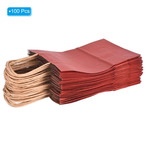 Stack of Red Paper Bags With Handles 100 Pack 5.9 By 3.1 By 8.2 Inches Tote Favor Bags For Parties And Gifts