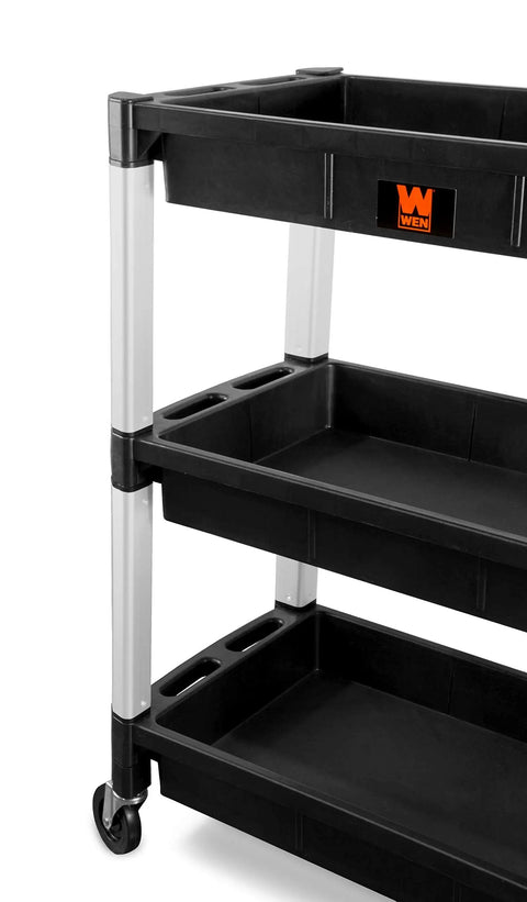 Triple Deck Utility Cart With Three Wide Trays And Dual Handles Does No Sweat Rolling Through Garages Holding Three Hundred Pounds On Steel Frames Features Swivel Casters With Foot Brakes For Secure Tool Transport And Easy Stashing