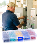 Electrician using 200 Pcs Bullet Connectors Set Male And Female 22 16AWG Insulated Splice Terminals at wiring panel