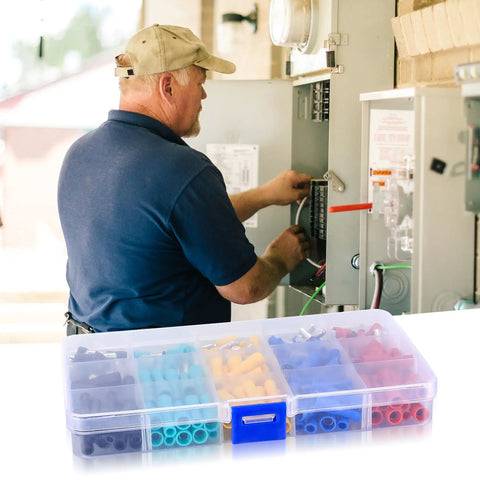 Electrician using 200 Pcs Bullet Connectors Set Male And Female 22 16AWG Insulated Splice Terminals at wiring panel