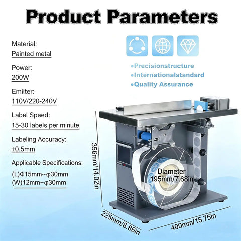 Semi Auto Plc Control Labeling Machine Applicator With High Precision Touch Screen For Bottles Jars Cans Boost Production Efficiency Easy English Chinese Interface For Factory Use Rapid Accurate Sticker Placement product parameters, painted metal, 200W power, 15-30 labels per minute.