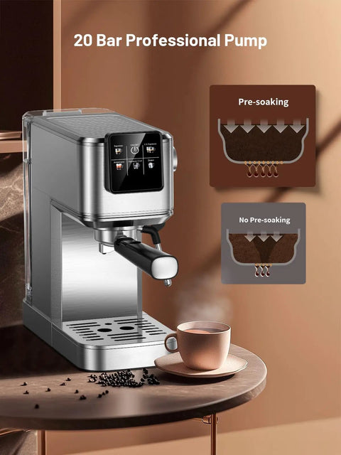 20 Bar Espresso Coffee Maker Delivering Smooth Barista Shots At Home With Fast Hot Cold Brew Options Built In Frother on kitchen counter.