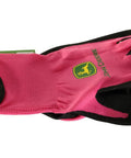 Women’s Nitrile Foam Palm Dipped Work Gloves With Elastic Wrist And Band Top Cuff in black and pink, product packaging visible