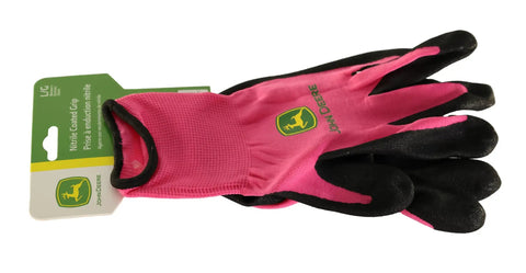 Women’s Nitrile Foam Palm Dipped Work Gloves With Elastic Wrist And Band Top Cuff in black and pink, product packaging visible