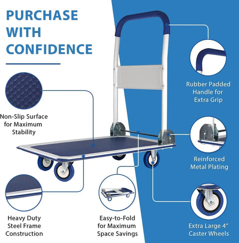 Heavy Duty Platform Truck Cart Dolly With Steel Frame And Rubber Wheels, folding flatbed hand cart with padded handle and 4 caster wheels