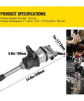Heavy Duty Air Hammer And Air Impact Wrench Kit With Pneumatic Twin Hammer Torque And Long Nose Reach For Fast Truck Tire Changes, dimensions shown.