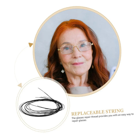 Eyeglass Repair Thread Cord For Half Rim Glasses Quick Fix Tool shown with black repair thread and elderly woman wearing glasses