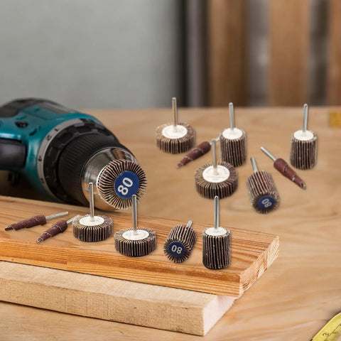 60 Piece Flap Wheel Sander Set for Dremel Rotary Tools, 80 Grit Aluminum Oxide Wheels With 1/8 Inch Shank displayed on wooden board