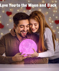 Couple holding Upgraded 7 Inch Moon Lamp 3D Printed Moon Light With 16 Color Options Remote And Touch Control Realistic Crater Details Cozy Lit Night Light Gift For Women Teens Men White Hand Stand Included glowing purple