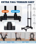 Adjustable terrain cart frame showcasing height measurements and locking mechanism for Rolling Cooler With Wheels And Handle