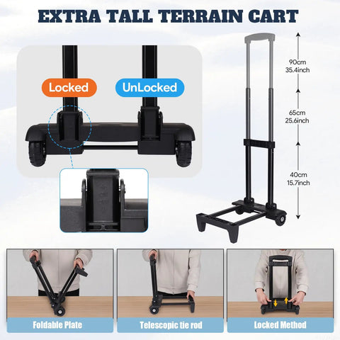 Adjustable terrain cart frame showcasing height measurements and locking mechanism for Rolling Cooler With Wheels And Handle