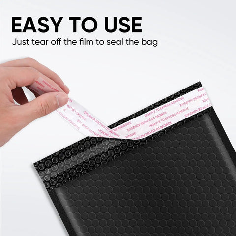 Close-up of sealing strip on Black Bubble Mailers 8.5 By 12 Inches, 100 Pack, Usable 8.25x12 Size, Poly Mailers with hand pulling seal