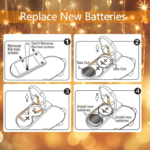 Battery replacement instructions for Six Pack Battery Operated Fairy Lights With Timer And Remote in 4 steps.
