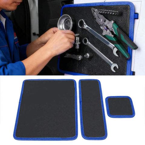 Flexible PVC Magnetic Tool Mat Set With Three Pad Sizes 12.8 By 9.64 Inches 12.8 By 4.1 Inches And 4.33 By 4.33 Inches For Holding Screws Nuts Bolts And Sockets On Hoods Toolboxes And Metal Surfaces In Garage Or Auto Repair, three mats shown