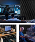 Solid High Density Soundproof Foam Panels Black 48 By 24 Inches Self Adhesive Acoustic Wall Tiles in a modern home studio setting.