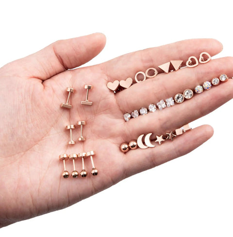 18 Pairs 20G Stainless Steel Tiny Stud Earrings For Women With Rose Gold Finish Cartilage Helix Set Includes Ball Star Moon Heart And More Shapes CZ Gems For Everyday Wear Gift Idea Cute Accessory on hand