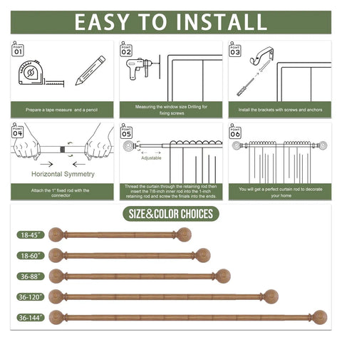 Easy install guide for Two Pack Imitation Wood Grain Curtain Rods With Ball Finials, Adjustable 1 Inch Diameter Rails For 28 To 48 Inch Windows.