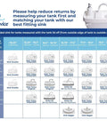 Size guide for adaptable Water Saving Toilet Tank Sink System with Expansion Kit, showing compatibility with various tank dimensions.