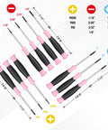 Slick 10 Piece Precision Screwdriver Set With Ergonomic Comfort Grip And Sturdy Pink Pouch For Electronics Repair displaying various screwdriver sizes.