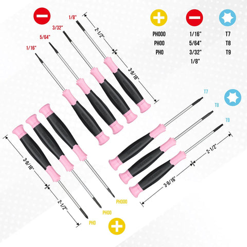 Slick 10 Piece Precision Screwdriver Set With Ergonomic Comfort Grip And Sturdy Pink Pouch For Electronics Repair displaying various screwdriver sizes.