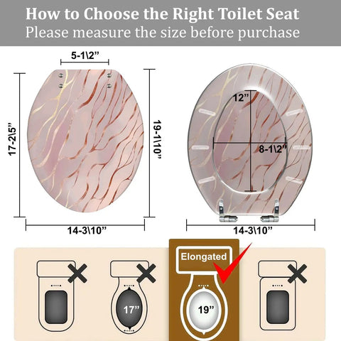 How to measure for an Elongated Rose Gold Marble Resin Toilet Seat for Bathroom with size dimensions displayed