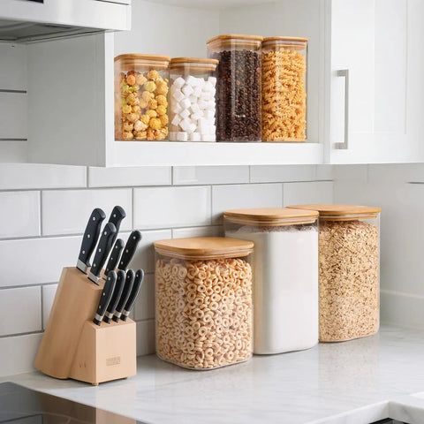 Two Pack 3.6 Qt Square Glass Food Storage Jars With Lids A Kitchen Must Have For Flour Sugar Rice Pasta Oats Coffee Beans Keeps Your Pantry Organized And Fresh Clear See Through Design on a counter.