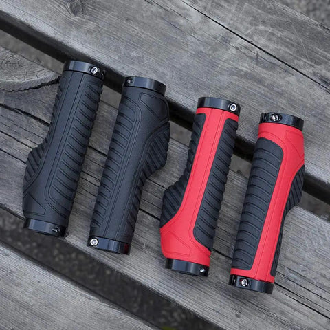 Mountain Bike Grips Lock On Aluminum Clamp Handlebar Grips For MTB BMX, ergonomic design, red and black pairs on wooden surface