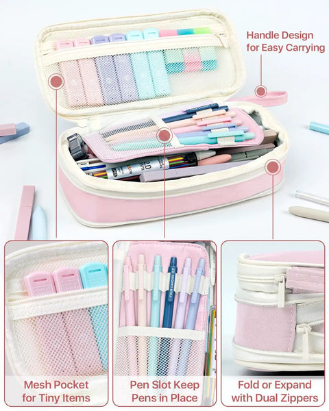 56 Piece Cute Pink Pencil Case Back To School Preppy Style Stationery Kit with pens, gel pens, pastel highlighters, and pencils