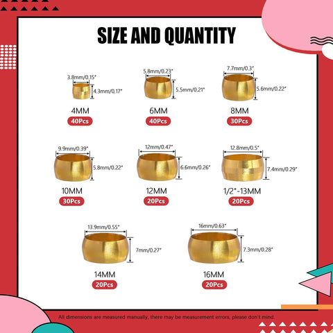 Brass compression sleeve ferrule kit in eight sizes (4–16 mm), 220 pcs, gold finish.