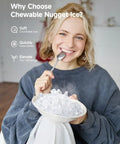 Woman smiling with bowl of ice, showcasing Nugget Ice Maker Countertop Delivers Chewy Pebble Ice On Demand 40 Lbs Per Day.