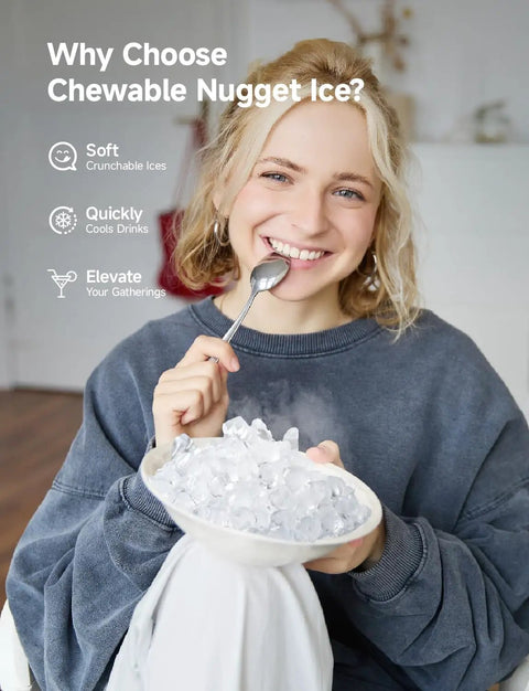 Woman smiling with bowl of ice, showcasing Nugget Ice Maker Countertop Delivers Chewy Pebble Ice On Demand 40 Lbs Per Day.