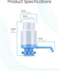 Universal Manual Drinking Water Pump For 3 To 5 Gallon Bottles with size dimensions and adjustable tubing