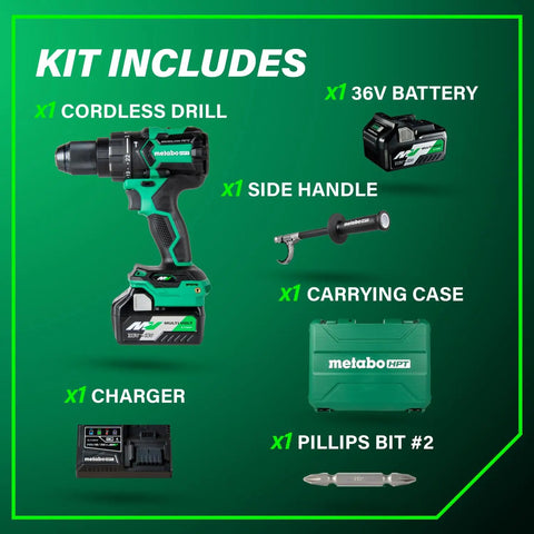 36V Cordless Brushless Hammer Drill Kit With Half Inch Chuck, Beast Power For Tough Jobs, includes accessories shown