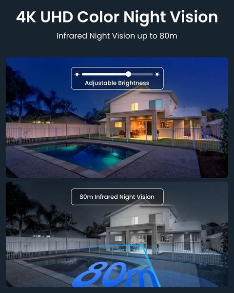 4K UHD PTZ Security Camera With 16X Optical Zoom And 3D Zoom Color Night Vision With Spotlight showing night vision capability in backyard