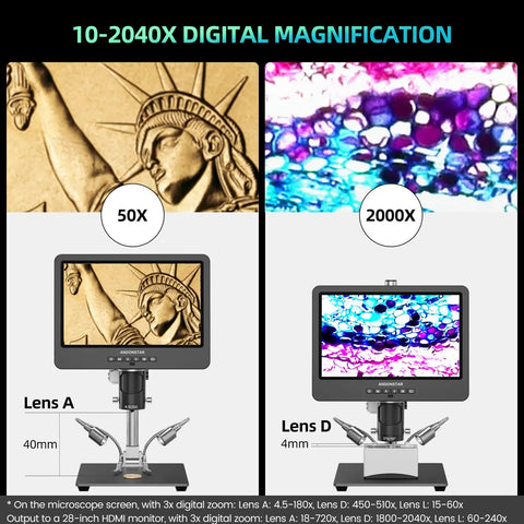 Ultra HD 2160P HDMI Digital Microscope With 10.1 Inch LCD Display, Three Lens Kit For Soldering, Coins, Plants, Stones And Biological Slides, Magnification Ranges 60-240X, 18-720X, 1560-2040X Up To 2000X showing 50X and 2000X views