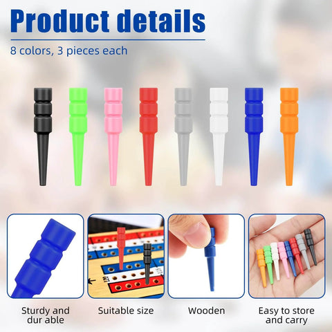 24 Pcs Wooden Cribbage Pegs Set For One Eighth Inch Holes With Eight Colors Replacement Tapered Pins for traditional boards