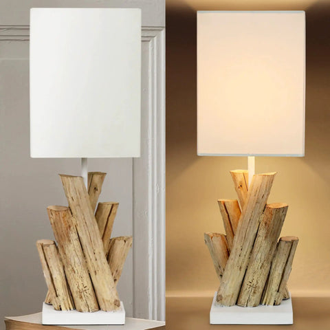 Reclaimed Wood Modern Rustic Table Lamps Set Of 2 Light Grey Bedside Lamps for Nightstands with white shades and wood bases