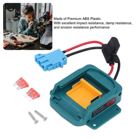 Battery Adapter And Conversion Kit With Wire Harness Connector And Fuze Holder For 18V LiIon Batteries Such As BL1850 BL1860 Perfect For Kids Ride On Cars Blue Connector Easy DIY Power Up shown with ABS shell and accessories.