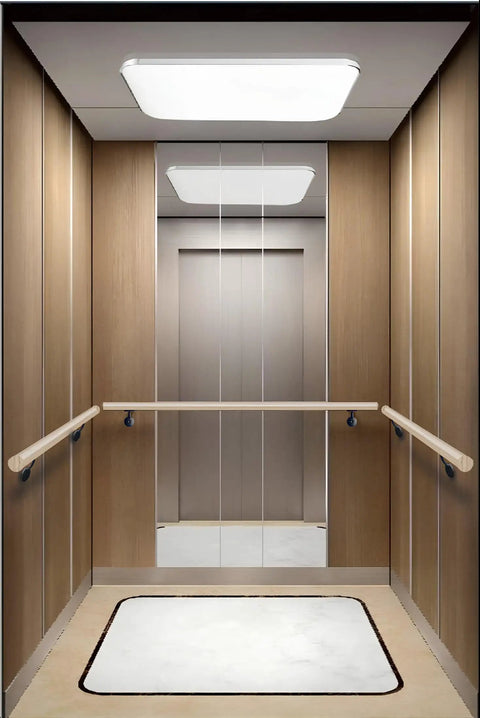 Elevator interior with wood panels and handrails, featuring Heavy Duty Zinc Die Cast Handrail Bracket Set, Powder Coated Matte Black, 10 Pack With Mounting Hardware, Built To Last Durable Wall Mounts For Stair Railings Indoors Outdoors, Made In Taiwan for support.