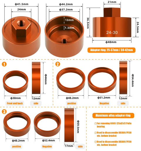 Pro Grade Bike Bottom Bracket Install And Removal Tool Kit with bearing press showing various CNC machined aluminum and stainless parts.