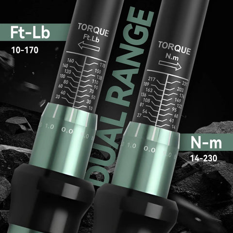 Close-up view of dual scale on Nine Piece Pro Grade Click Torque Wrench Set with 10 to 170 FtLb and 14 to 230 N-m ranges.