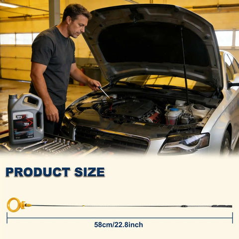 Man using plug and play engine oil dipstick for Audi A4 2.0L L4 Quattro 2005 2008 2009 cabriolet, 58cm stainless rod.
