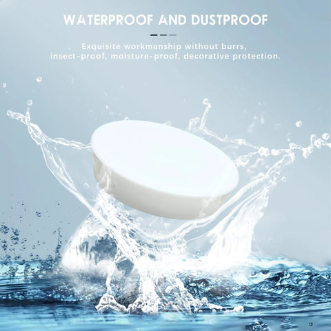 White 50 Mm Round Hole Plugs Set Of 6 For Flush Snap In Covers shown as waterproof and dustproof in a splash of water.